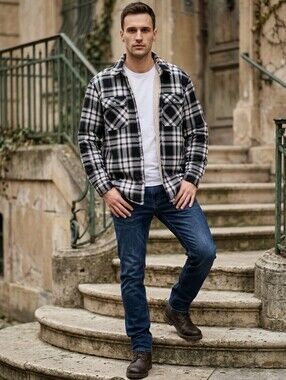 Vtg Big Mac Men's Jacket Black and White Plaid Flannel Sherpa Lined Sz L